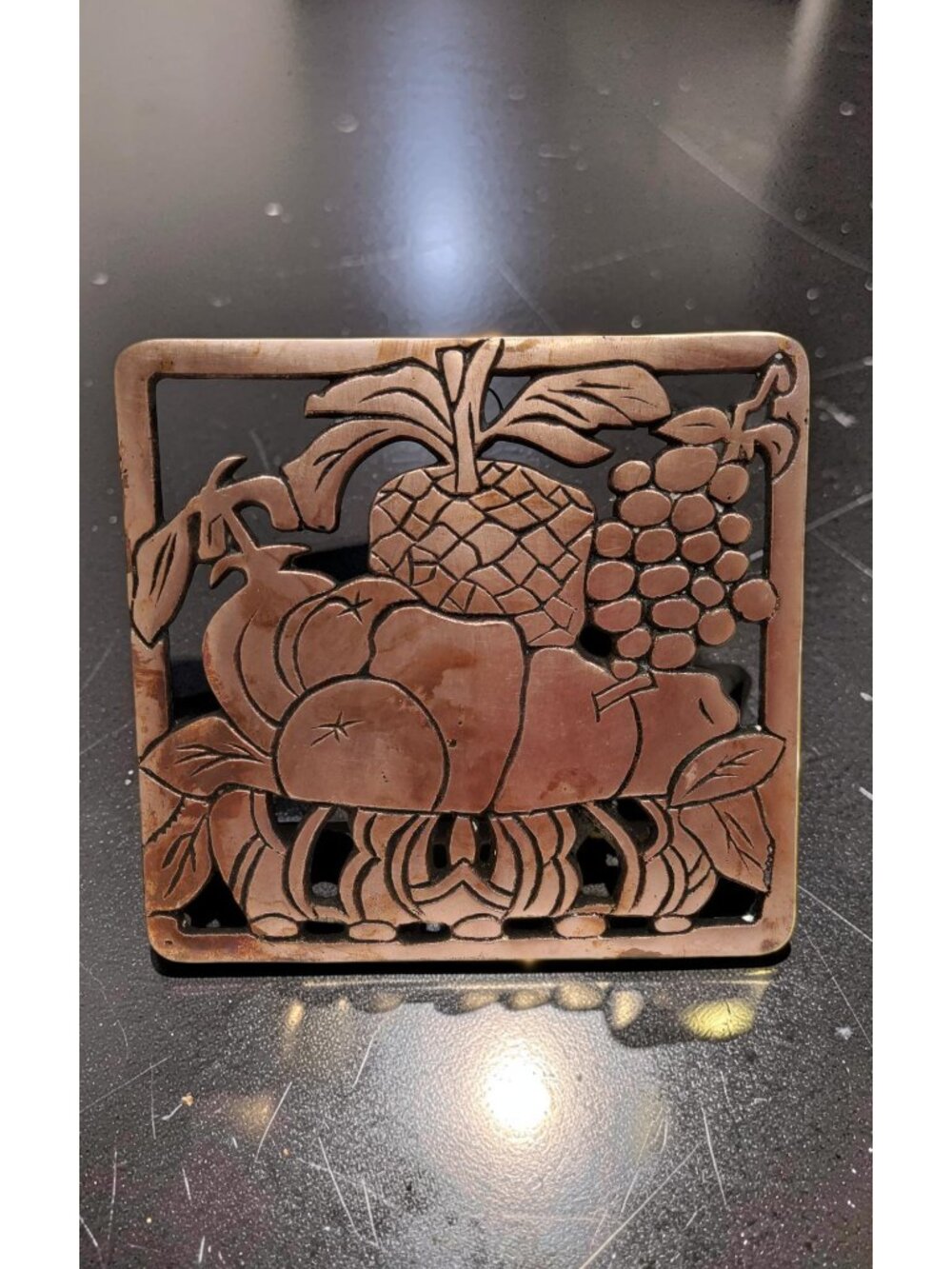 vintage 1980s home decor kitchen copper fruit themed trivet.